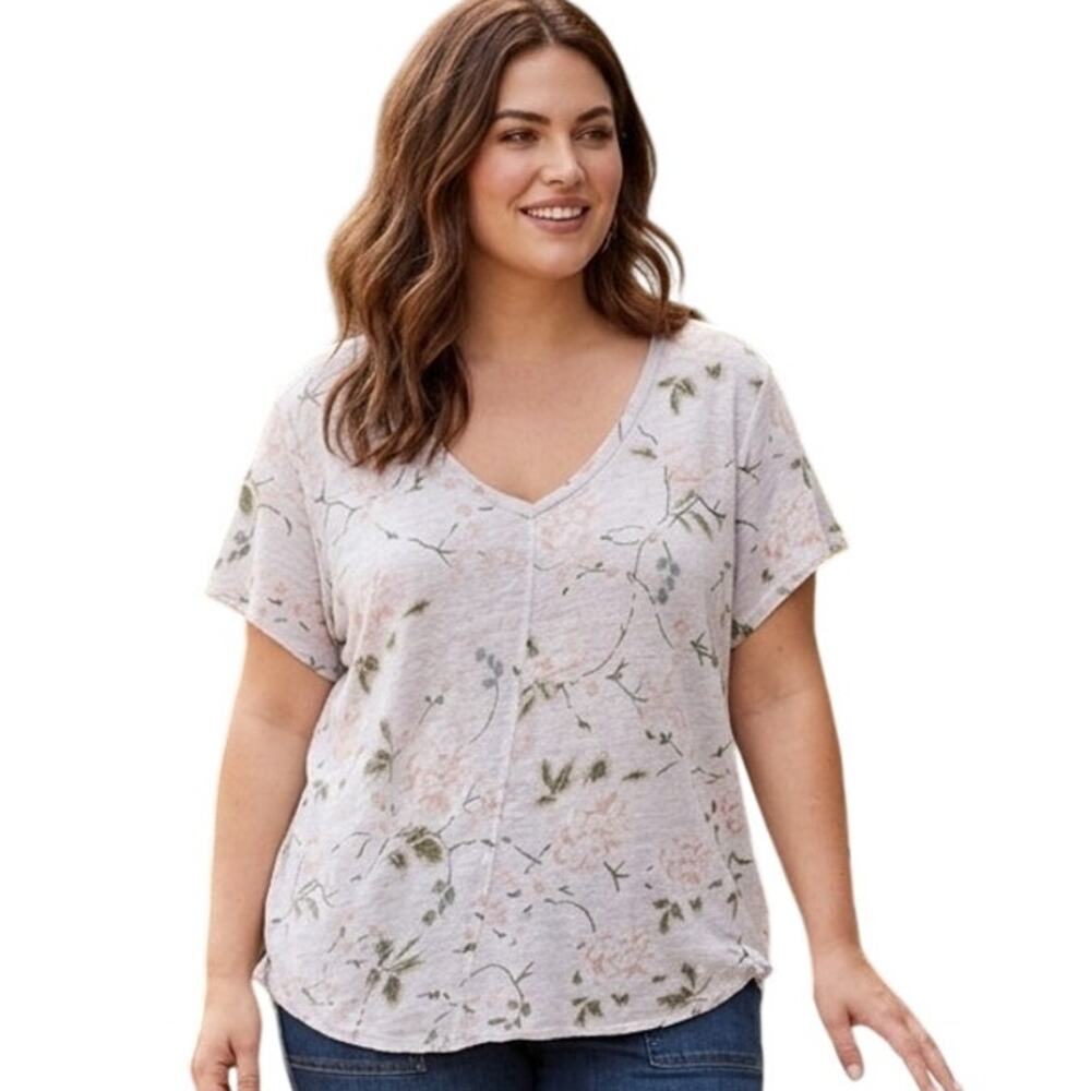 Rachel Ashwell Linen Top Womens Size 2X Tan Floral V-Neck Casual Tee